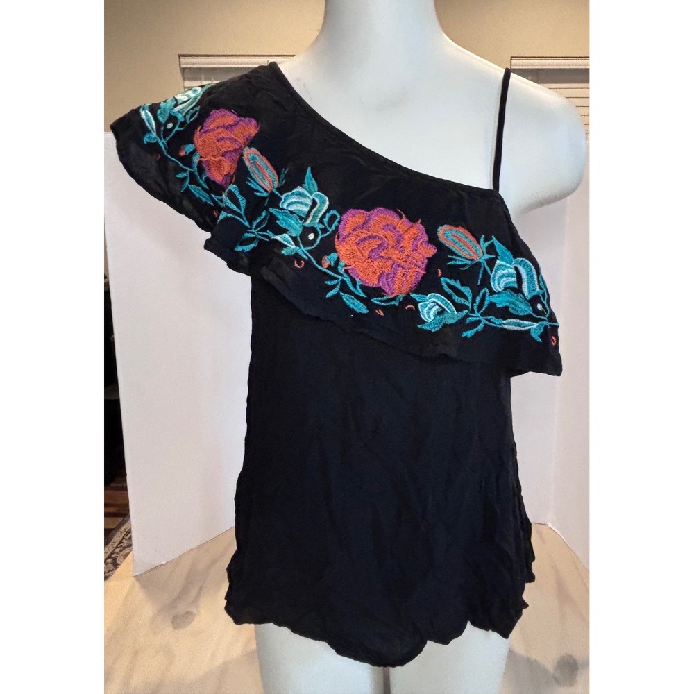 Entro Womens Black Floral Embroidered One Shoulder Ruffle Top T7473 Size M